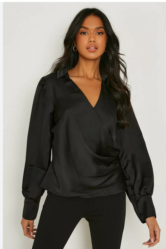 Satin Wrap Front Blouse