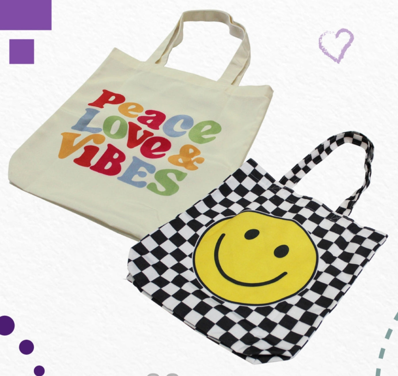 Peace Love and Vibes Bags and Happy Face Bags. Sold for Separate