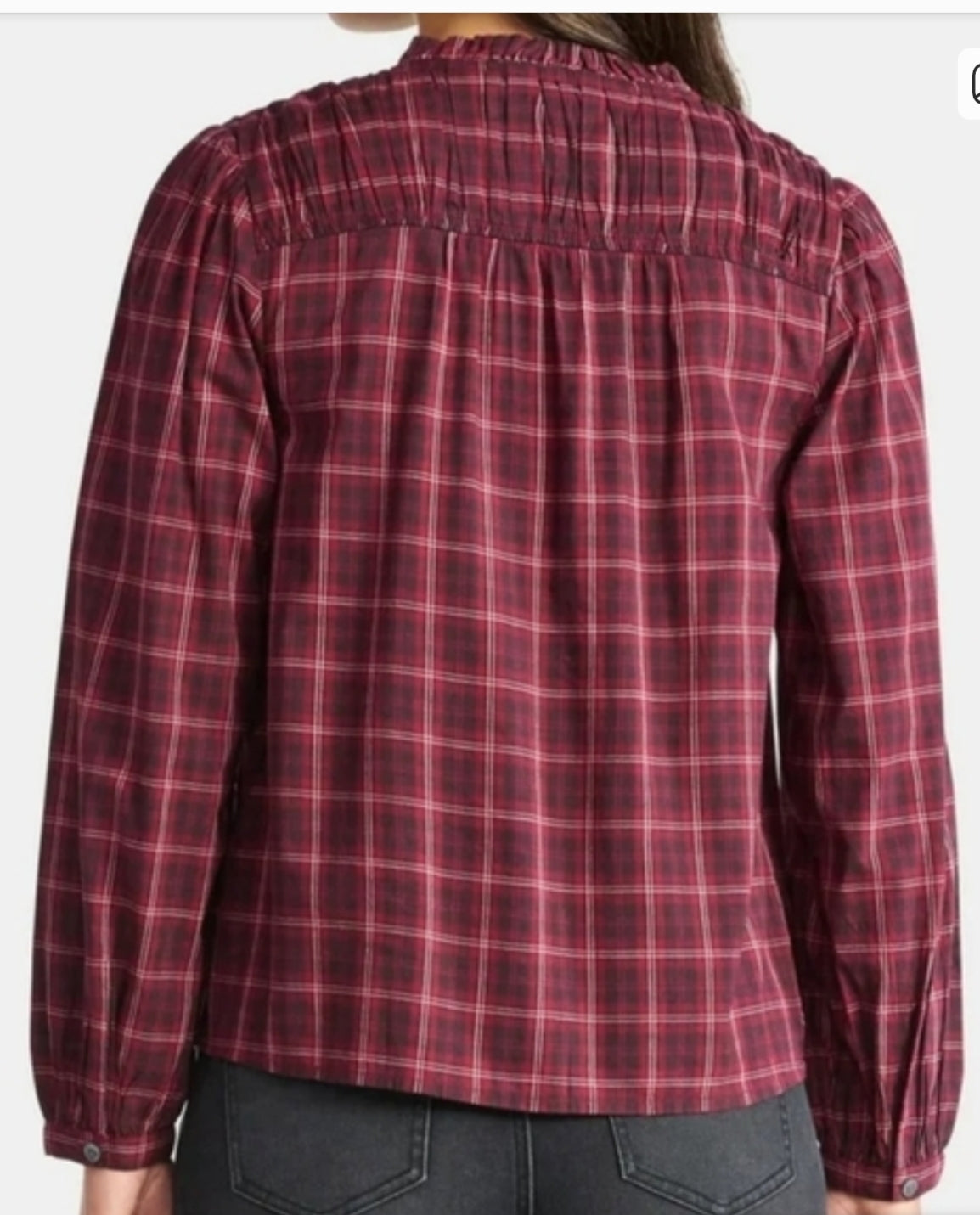 Ruched Yoke Long Sleeve Wine Pinch Plaid Button -Up