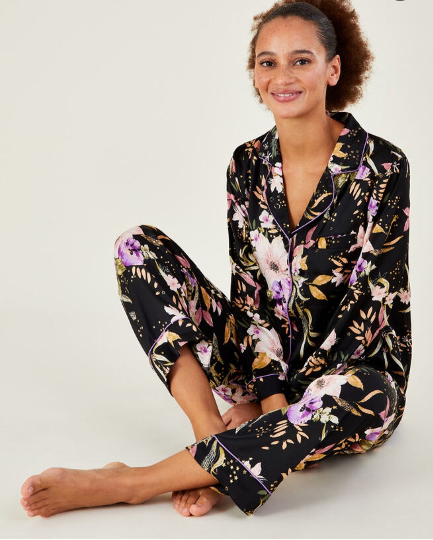 Foil Floral Print Satin/Pajama Set L/XL