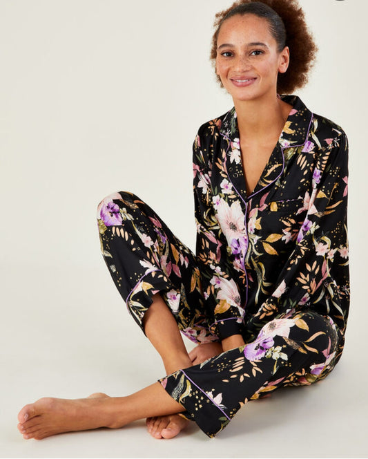 Foil Floral Print Satin/Pajama Set L/XL