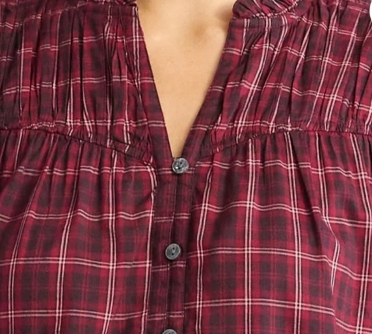 Ruched Yoke Long Sleeve Wine Pinch Plaid Button -Up