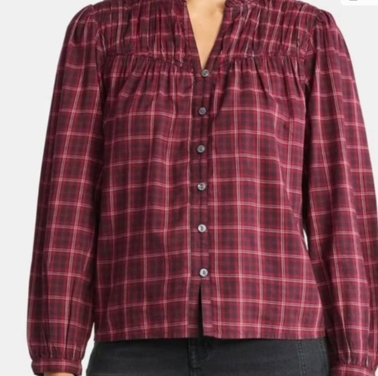 Ruched Yoke Long Sleeve Wine Pinch Plaid Button -Up